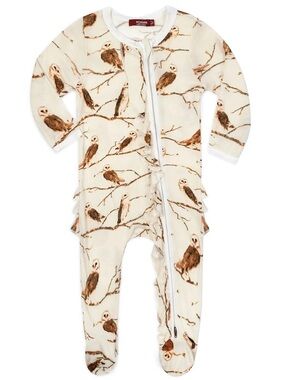 Milkbarn Cream Footed One-Piece with Brown Owl Print